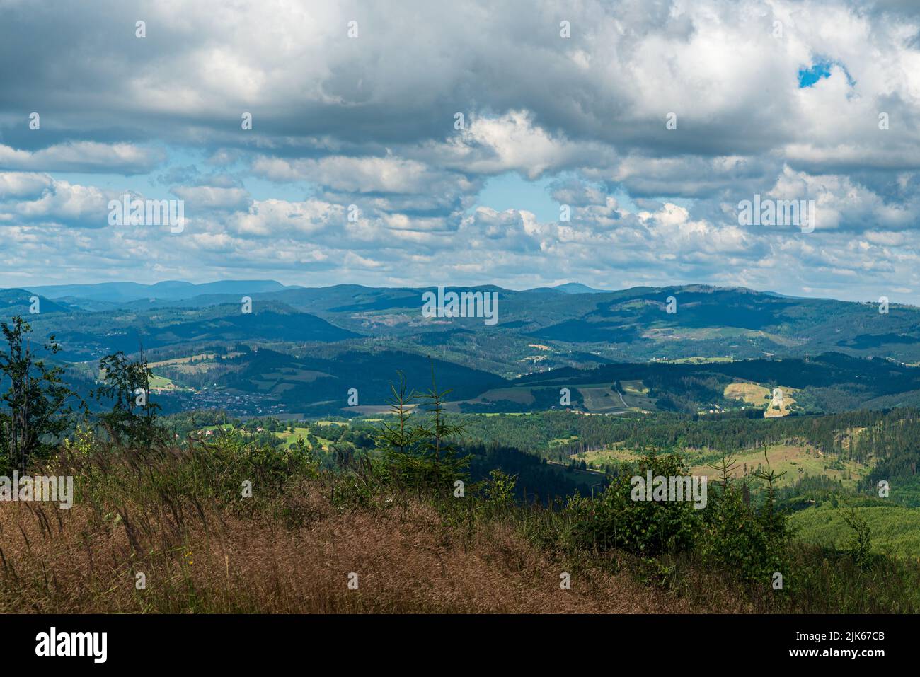 Moravskoslezske Beskydy mountains with highest Lysa hora hill from Javorske hill in Kysucke Beskydy mountains in Slovakia Stock Photo