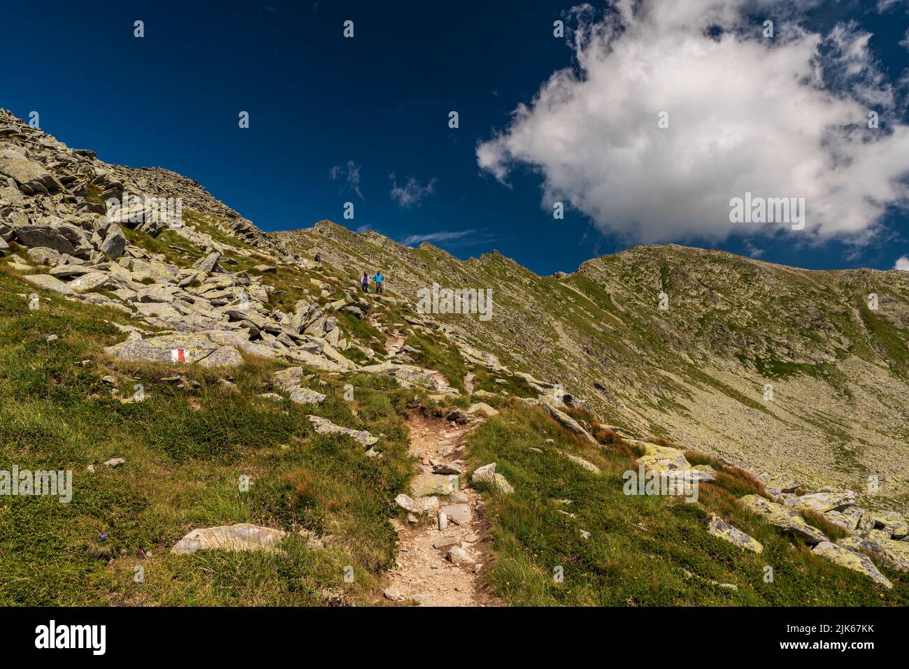 Hiking bellow Peleaga mountain peak in Retezat mountains in Romania during beautiful summer day Stock Photo