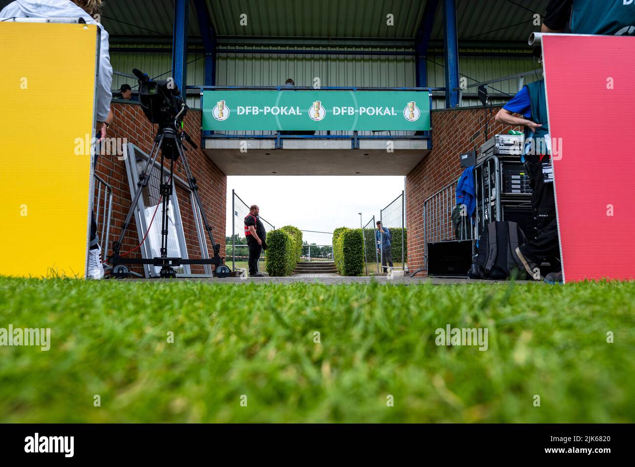 Rehden, Germany. 31st July, 2022. Soccer: DFB Cup, BSV Rehden - SV Sandhausen, 1st round, Waldsportstätten sports field: View of the players' entrance with the DFB Cup logo. Credit: David Inderlied/dpa - IMPORTANT NOTE: In accordance with the requirements of the DFL Deutsche Fußball Liga and the DFB Deutscher Fußball-Bund, it is prohibited to use or have used photographs taken in the stadium and/or of the match in the form of sequence pictures and/or video-like photo series./dpa/Alamy Live News Stock Photo