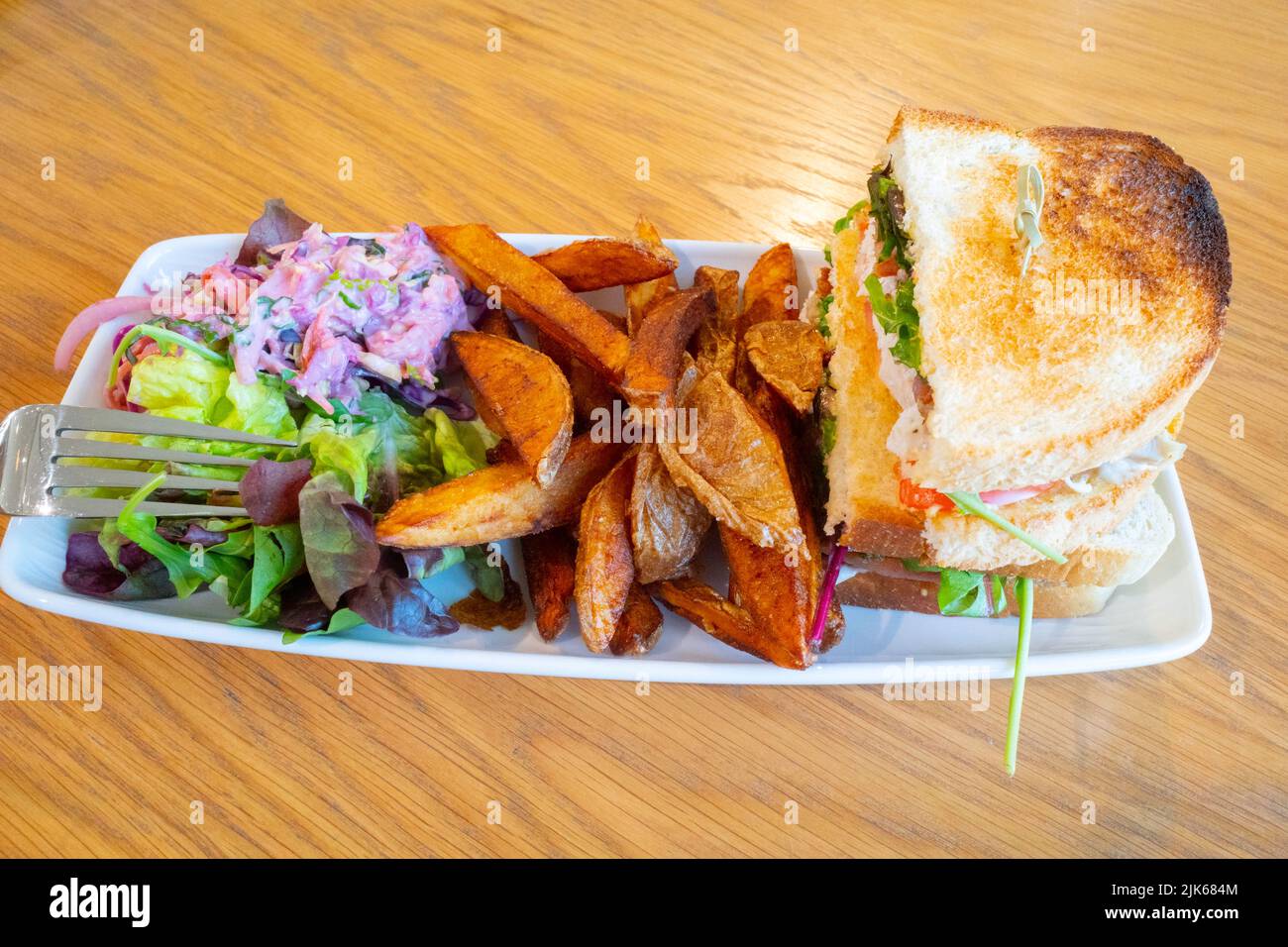 Chicken and Bacon toasted Club Sandwich with fries mixed leaves and