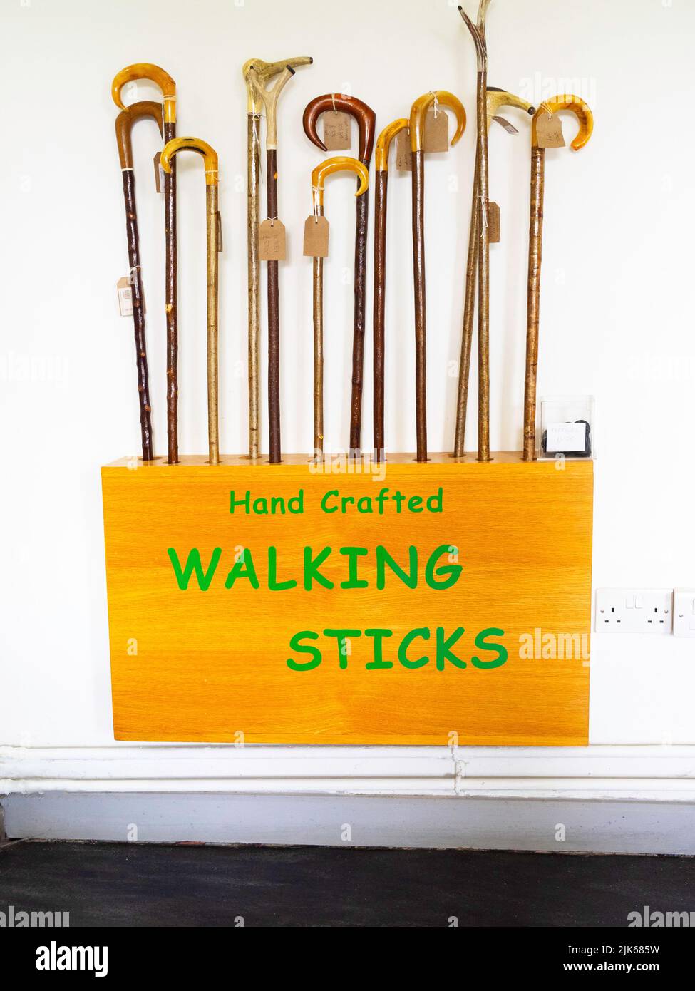 Traditional hand made walking sticks for sale at the Danby North Yorkshire Moors Centre Stock Photo