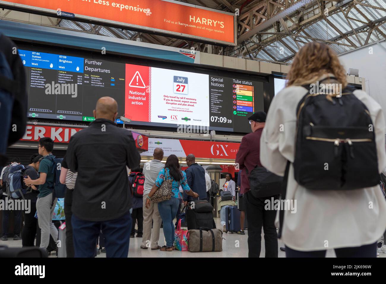 London Victoria train station as seen during rush hour this morning as RMT rail strike hits London.  Image shot on 27th July 2022.  © Belinda Jiao   j Stock Photo