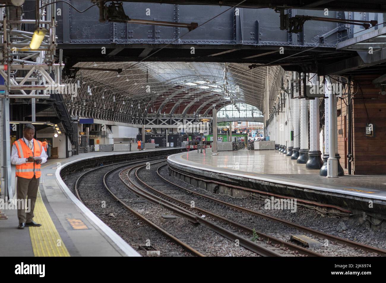London Paddington train station as seen during rush hour this morning as RMT rail strike hits London.  Image shot on 27th July 2022.  © Belinda Jiao Stock Photo