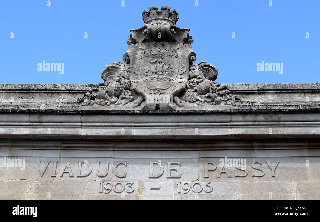 Viaduc de Passy sign on the Bir-Hakeim bridge in Paris, France Stock Photo