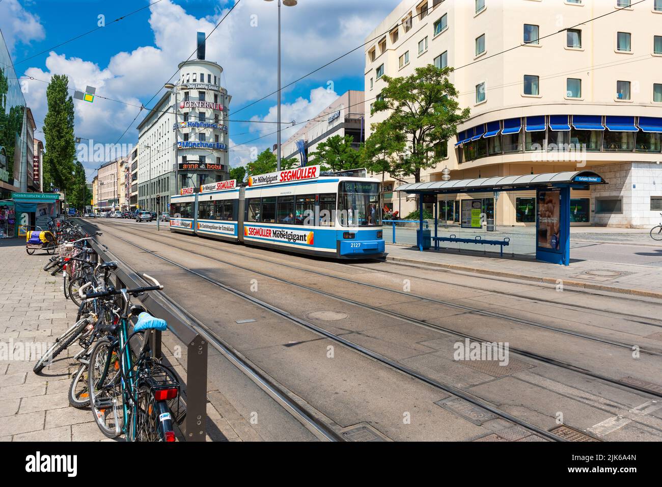 Munich, Germany - July 3, 2011 : Tram running on dedicated tram lines south of Karlsplatz station. Stock Photo