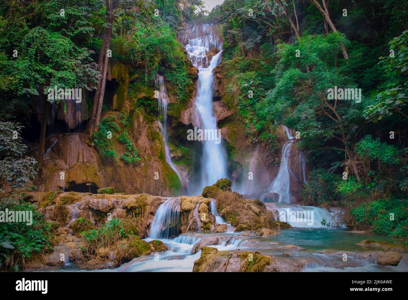 The famous Kuang Si Falls / Kuang Xi Falls / Tat Kuang Si Waterfalls near Luang Prabang, Laos