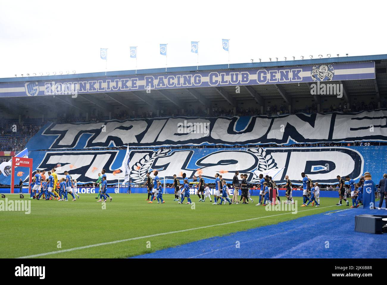 Tifo of KRC Genk pictured during a soccer match between KRC Genk and Standard de Liege, Sunday 31 July 2022 in Genk, on day 2 of the 2022-2023 'Jupiler Pro League' first division of the Belgian championship. BELGA PHOTO JOHAN EYCKENS Stock Photo