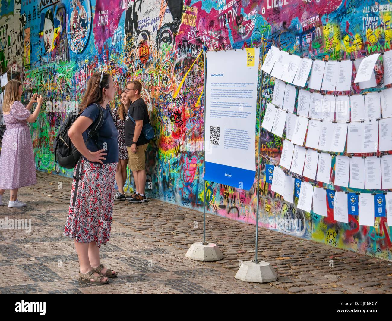 Prague, Czech Republic June 2022 Tourists looking and reading the
