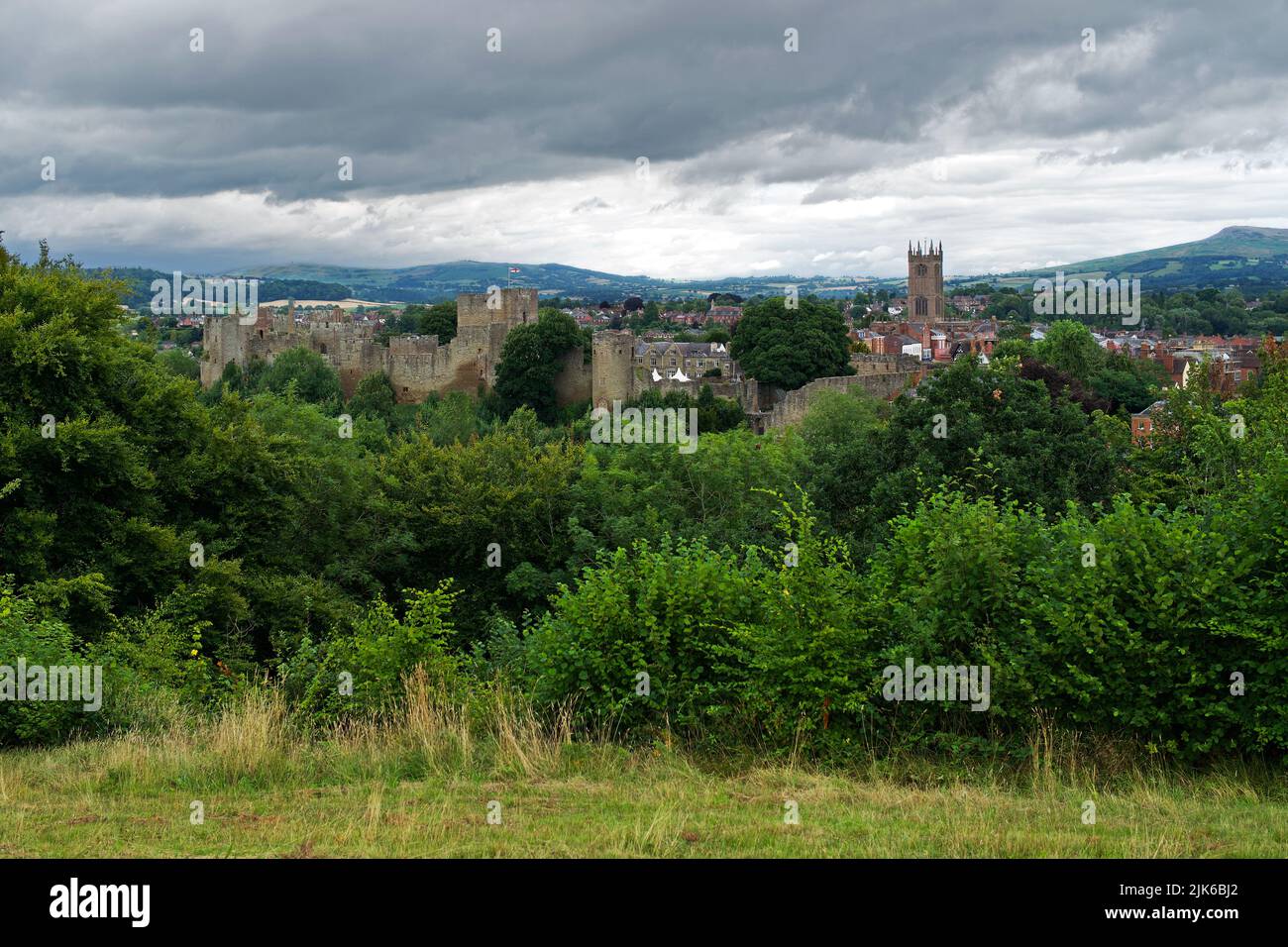 Ludlow Castle is a medieval fortification in the town of Ludlow in Shropshire. It was probably founded by Walter de Lacy around 1075. Stock Photo