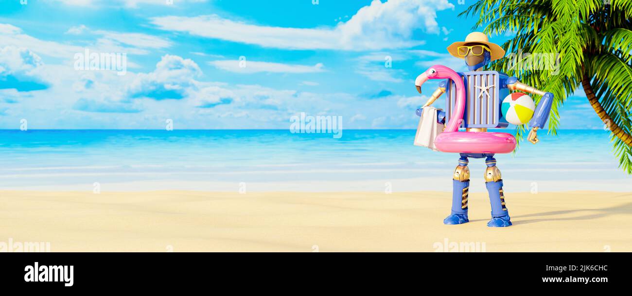 Summer travel of tomorrow concept background. Artificial intelligence humanoid robot ready for helping on summer vacation 3D render 3D illustration Stock Photo