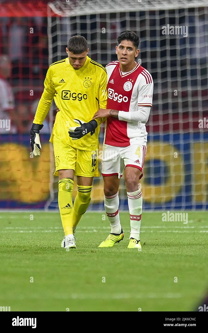 AMSTERDAM, 30-07-2022, Johan Cruyff Arena, Dutch Johan Cruijff Cup  Football, season 2022 / 2023, Ajax - PSV, during the match, Ajax goalkeeper  Jay Gorter, Ajax player Edson Alvarez disappointed after the match,