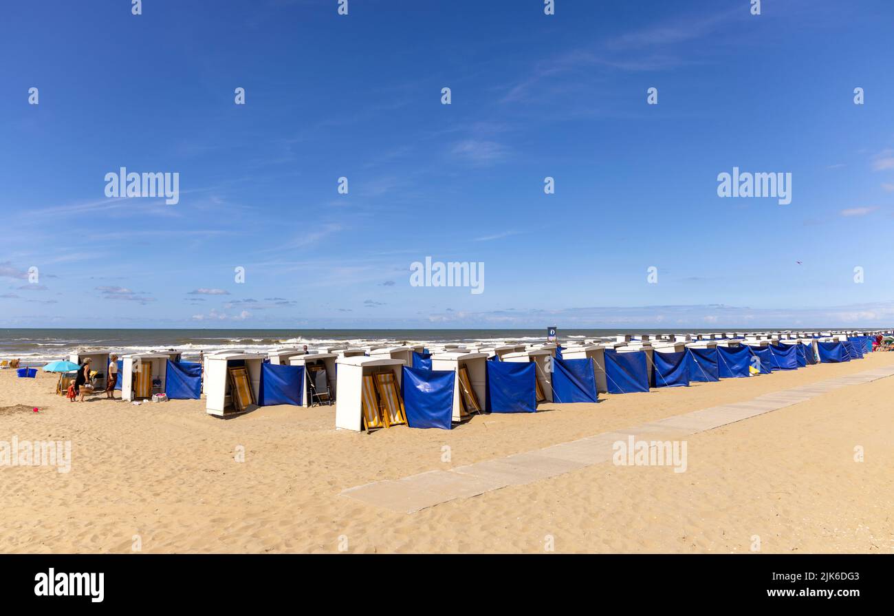 Summer atmosphere along the North Sea: Cabins for hire on the beach in Katwijk, South Holland, The Netherlands. Stock Photo