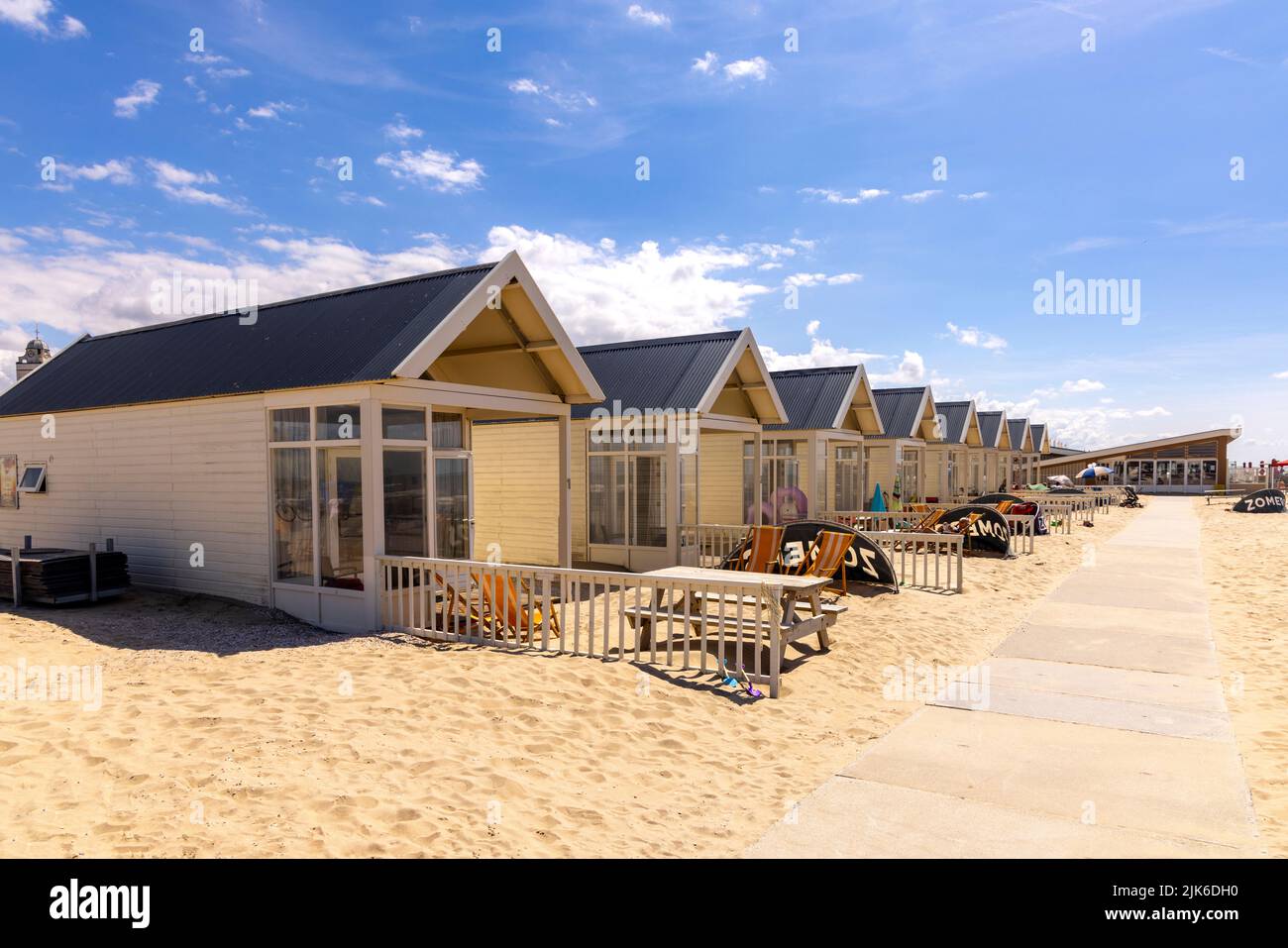Beach Chalets for hire in Katwijk, located on the west coast of South Holland, The Netherlands. Stock Photo