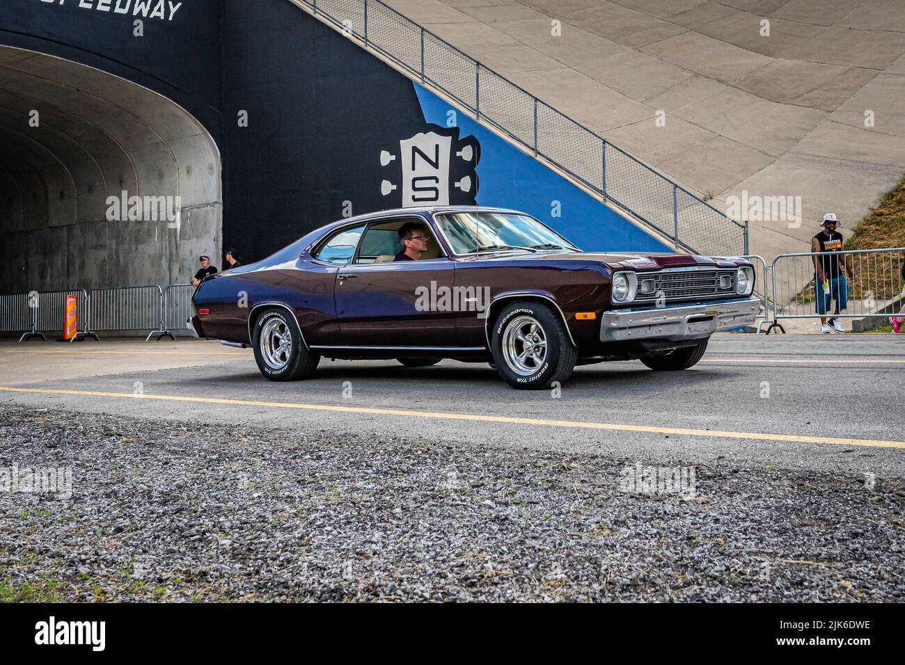 Lebanon, TN - May 14, 2022: Wide angle front corner view of a 1973 Plymouth Duster Hardtop Coupe leaving a local car show. Stock Photo