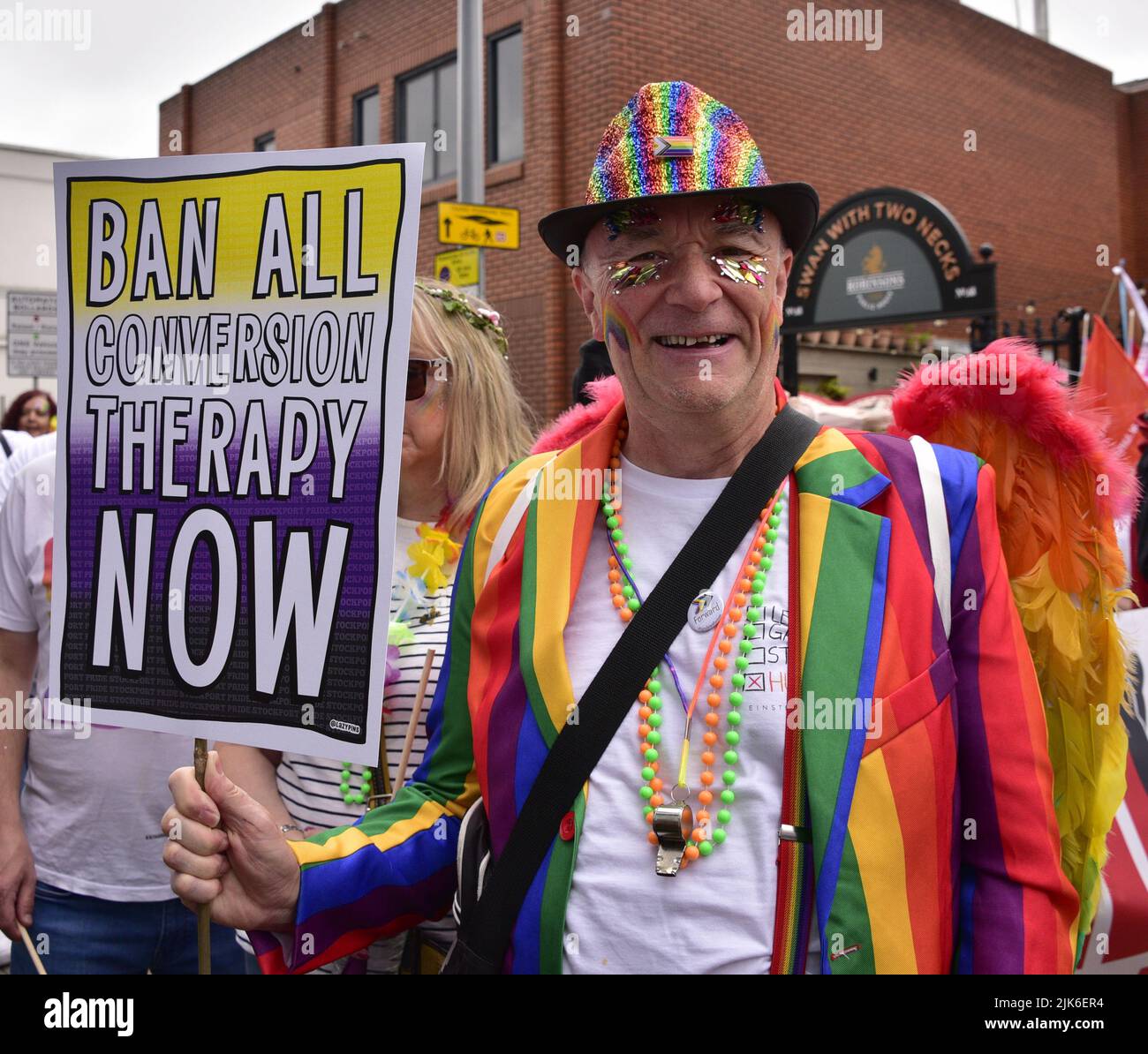 Stockport, UK, 31st July, 2022. Stockport LGBTQ+ Pride Parade in Stockport, Greater Manchester, England, United Kingdom, British Isles. Organisers say the parade is: 'Celebrating Stockport's LGBTQ+'. Community'. The parade marched from Bridgefield Street to Stockport's historic Market Place. Credit: Terry Waller/Alamy Live News Stock Photo