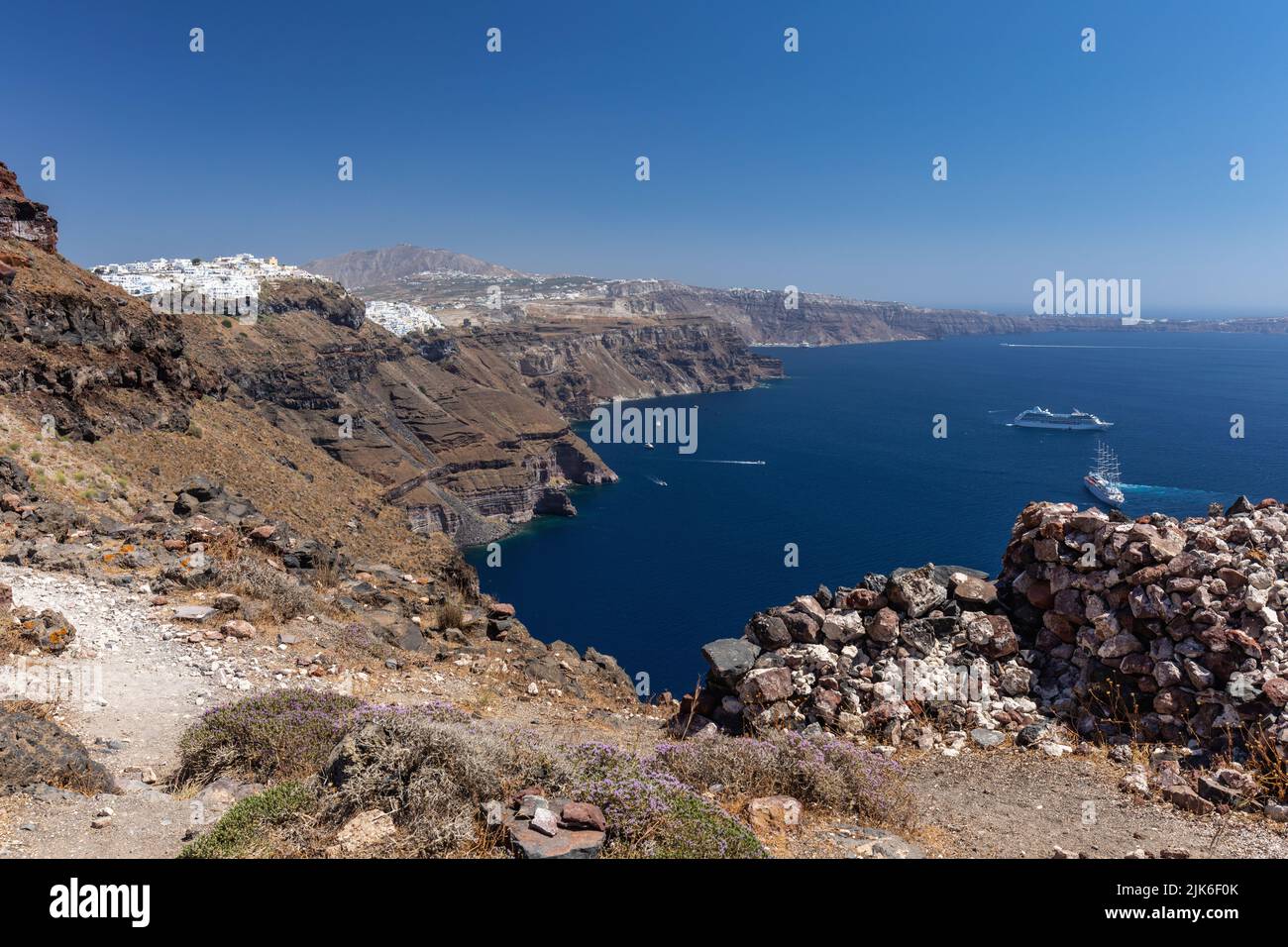 View from Skaros Rock of the volcanic caldera landscape, Fira town and the Aegean Sea, Imerovigli, Santorini, Greece, Europe Stock Photo