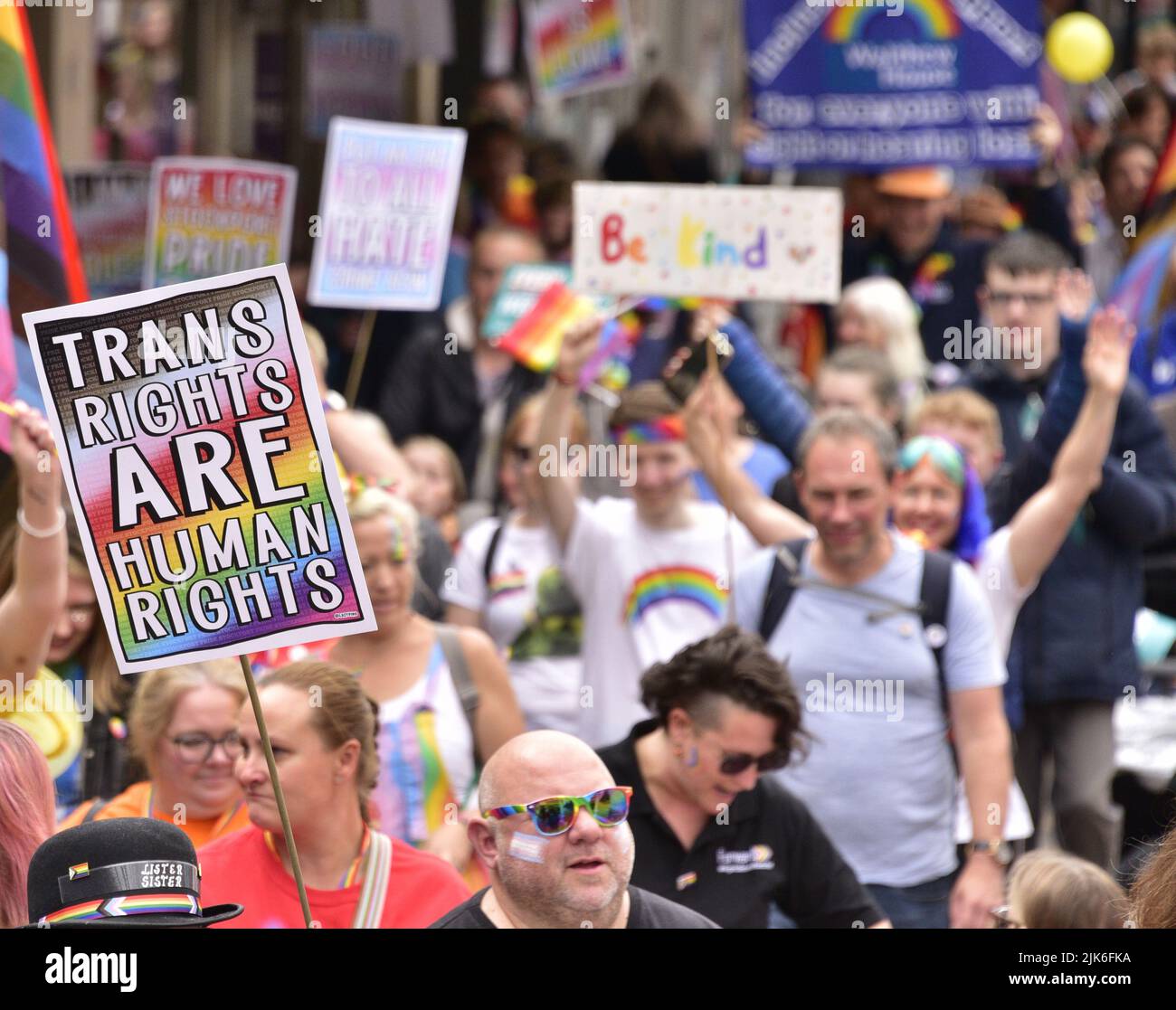 Stockport, UK, 31st July, 2022. Stockport LGBTQ+ Pride Parade in Stockport, Greater Manchester, England, United Kingdom, British Isles. Organisers say the parade is: 'Celebrating Stockport's LGBTQ+'. Community'. The parade marched from Bridgefield Street to Stockport's historic Market Place. Credit: Terry Waller/Alamy Live News Stock Photo