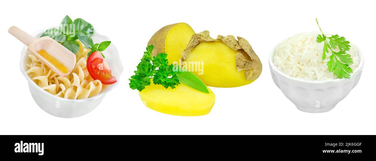 Cooked and cooled potatoes, rice and pasta with resistant starch isolated on white background Stock Photo