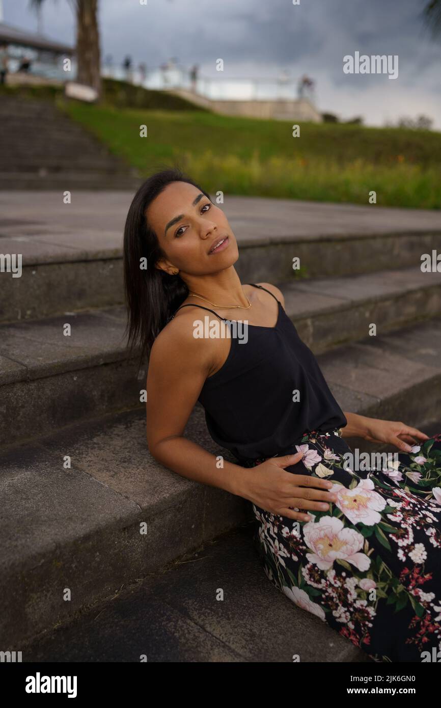 glamorous latin brunette woman with short black hair, young model ...