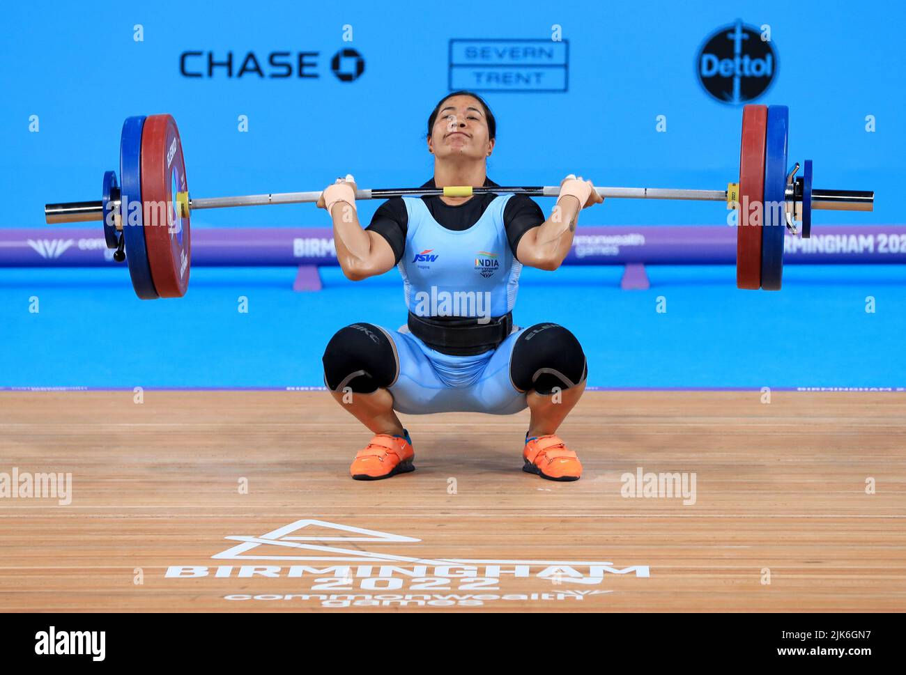 India’s Bindyarani Devi Sorokhaibam in action during the Women’s 55kg Weightlifting Competition at The NEC on day two of the 2022 Commonwealth Games in Birmingham. Picture date: Saturday July 30, 2022. Stock Photo