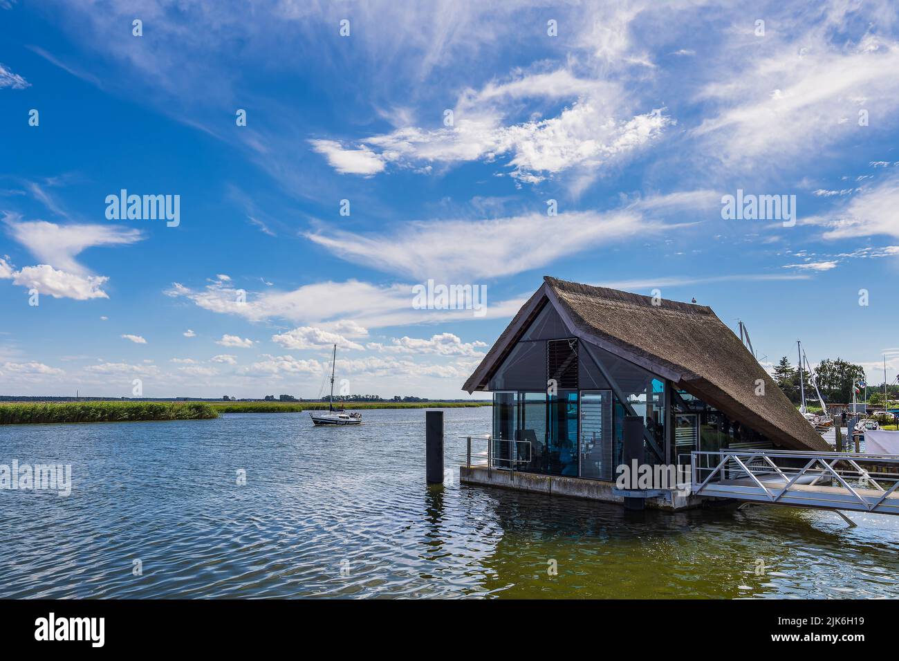 Swimming house in the port of Wieck, Germany. Stock Photo