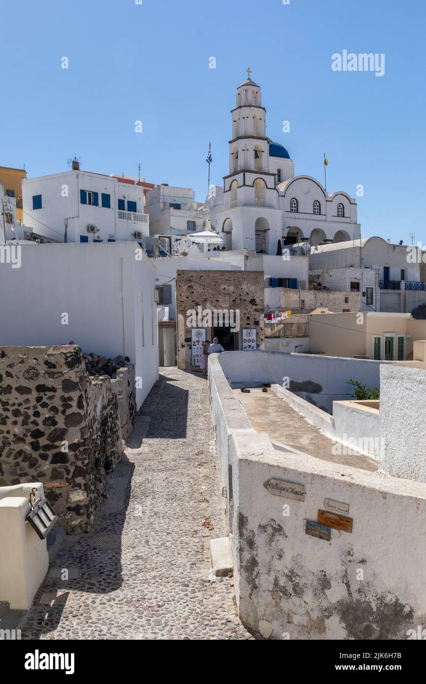 Pyrgos village and whitewashed impressive Greek Church, Pyrgos, Santorini, Greece, Europe Stock Photo