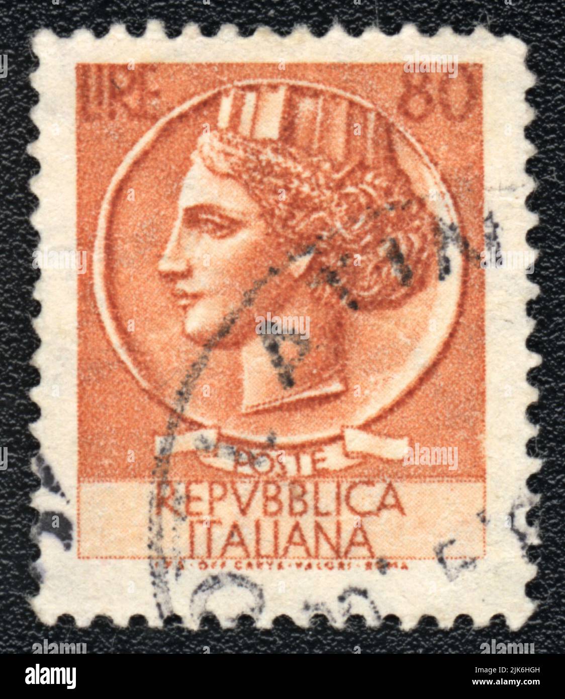 A stamp printed in Italy shows Woman head, Italian Republic, 80 Lire, circa 1980 Stock Photo