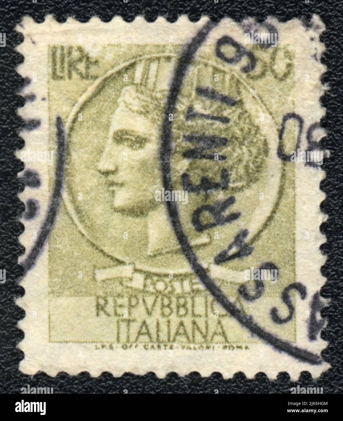 A stamp printed in Italy shows medal Green Woman head, Italian Republic,50 Lire, circa 1980 Stock Photo