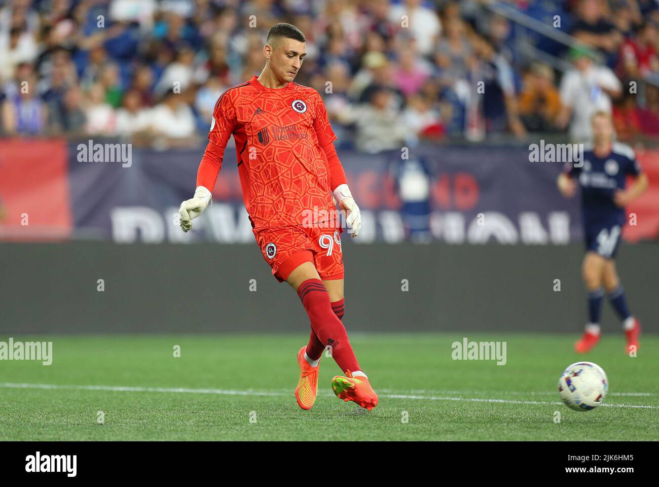 Gillette Stadium. 30th July, 2022. MA, USA; New England Revolution goalkeeper Djordje Petrovic (99) in action during an MLS match between Toronto FC and New England Revolution at Gillette Stadium. Anthony Nesmith/CSM/Alamy Live News Stock Photo