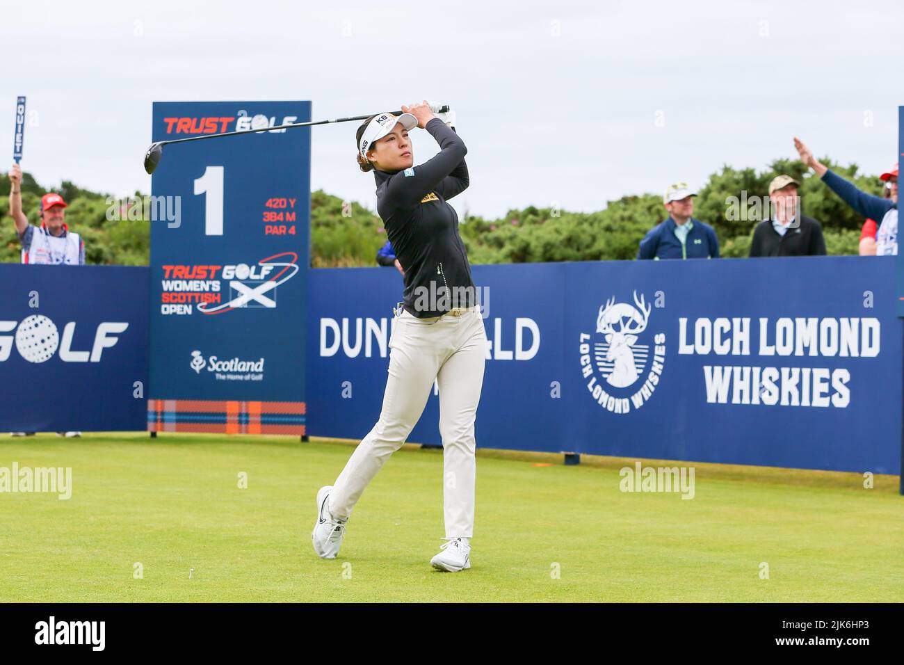 Irvine, UK. 31st July, 2022. On the final day of the Trust Golf Women's Scottish Golf at Dundonald Links Golf Course, Irvine, Ayrshire, UK, the top 12 players are separated by only 4 strokes. The players are playing for a total purse of $2,000,000 and the prestigious trophy. In gee chun on the first tee. Credit: Findlay/Alamy Live News Stock Photo