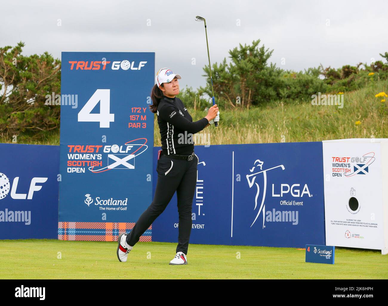 Irvine, UK. 31st July, 2022. On the final day of the Trust Golf Women's Scottish Golf at Dundonald Links Golf Course, Irvine, Ayrshire, UK, the top 12 players are separated by only 4 strokes. The players are playing for a total purse of $2,000,000 and the prestigious trophy. A lim kim on the 4th tee. Credit: Findlay/Alamy Live News Stock Photo
