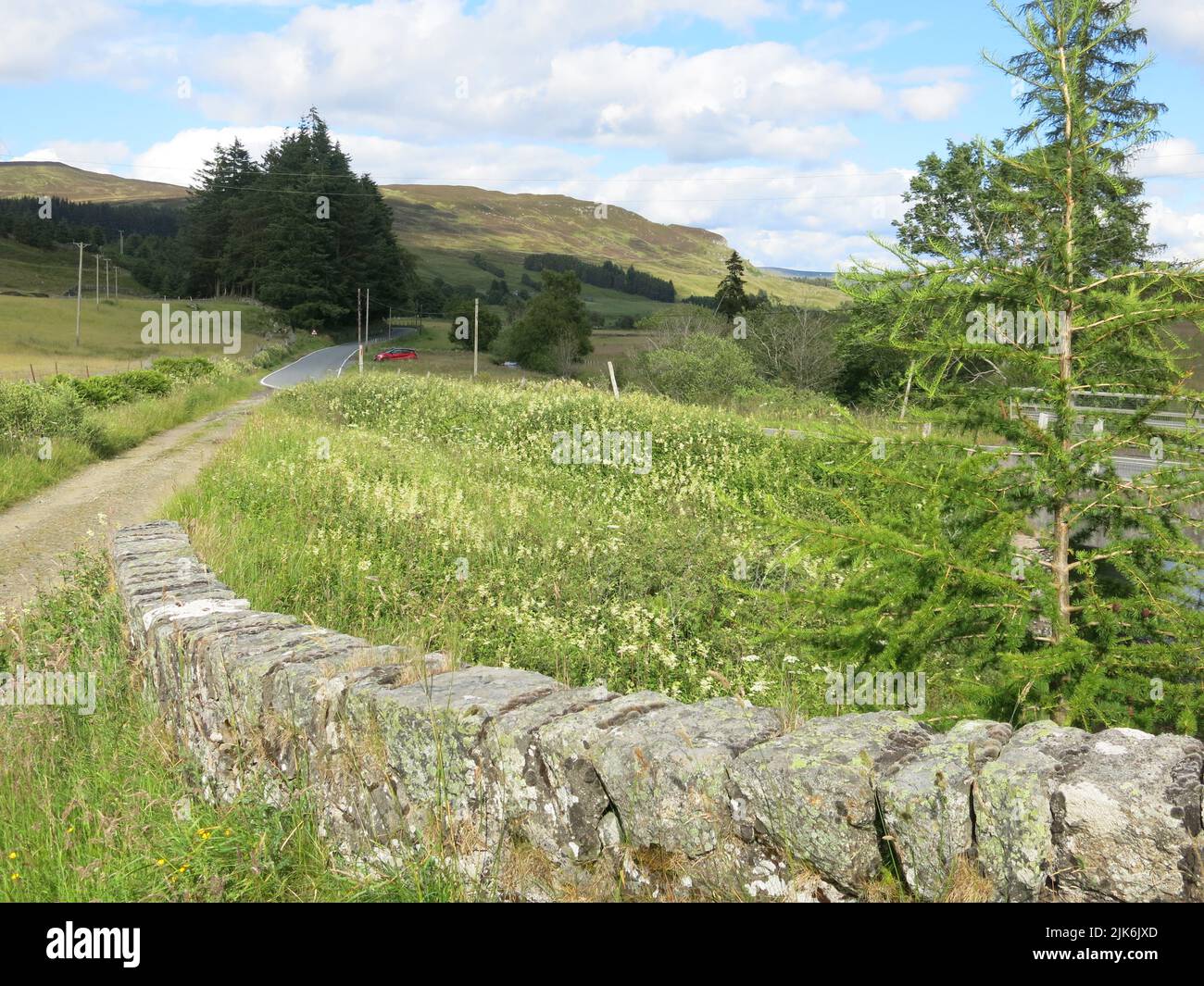 The gentle Highlands scenery of the glens of Strathardle in central Perthshire: take a road trip along the A924 between Blairgowrie and Pitlochry. Stock Photo