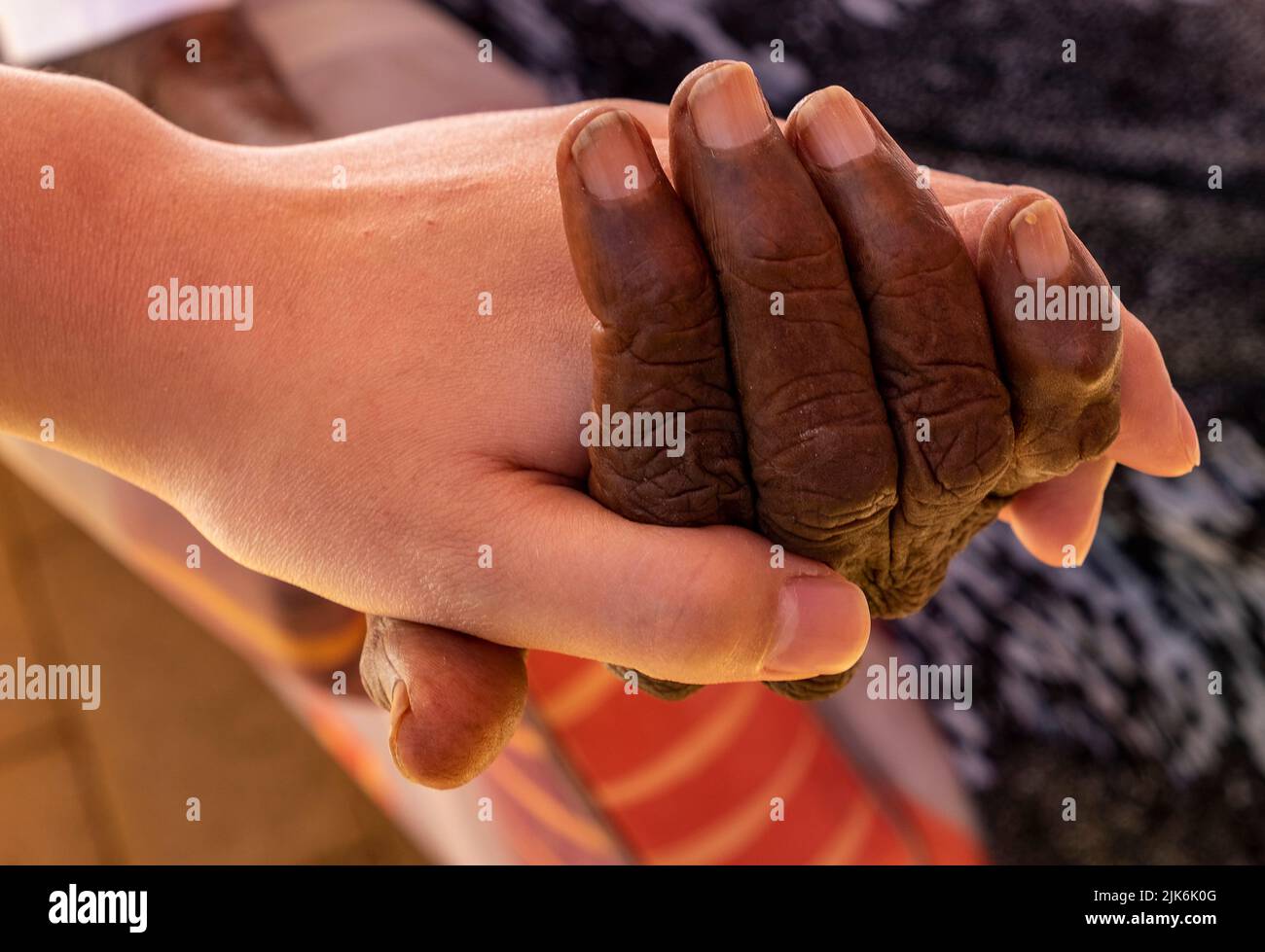 The hands of a white nurse holding the hand of a patient in an Indigenous Australian aged care home at Alice Springs in Central Australia Stock Photo