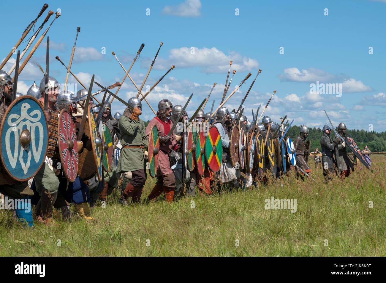 TVER REGION, RUSSIA - JULY 22, 2022: Warriors of the early Middle Ages before the battle on a sunny summer day. Historical festival 'Epic Coast - 2022 Stock Photo