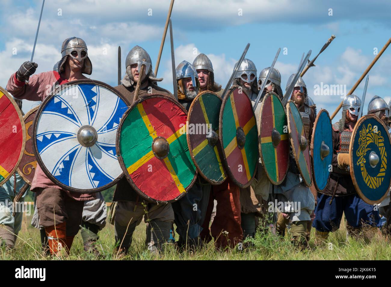 TVER REGION, RUSSIA - JULY 22, 2022: Warriors of the early Middle Ages close-up. Historical festival 'Epic Coast - 2022' Stock Photo