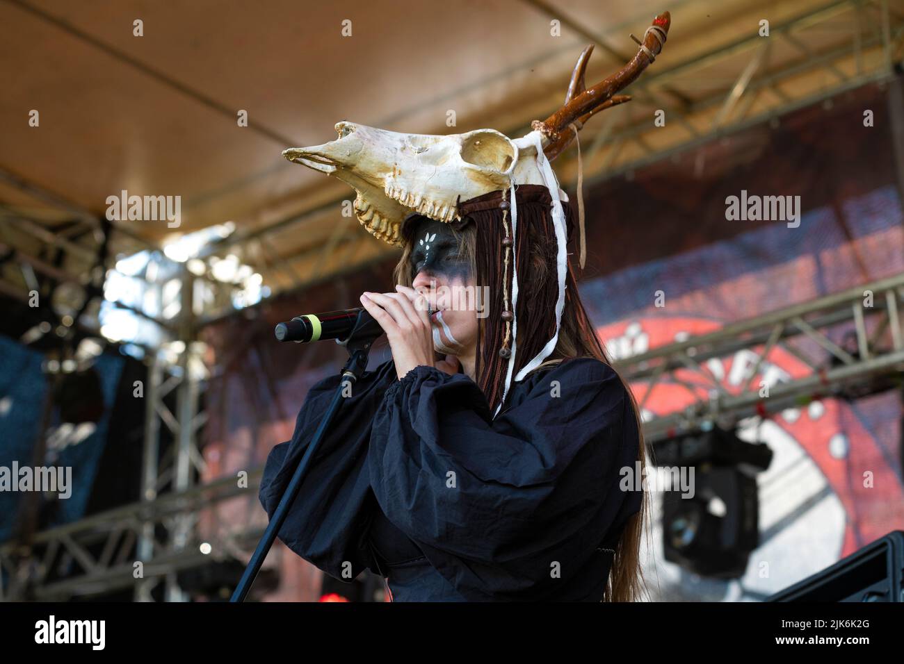 TVER REGION, RUSSIA - JULY 22, 2022: Soloist of the group 'YARuGA' on the concert of the historical festival 'Epic Coast - 2022' Stock Photo