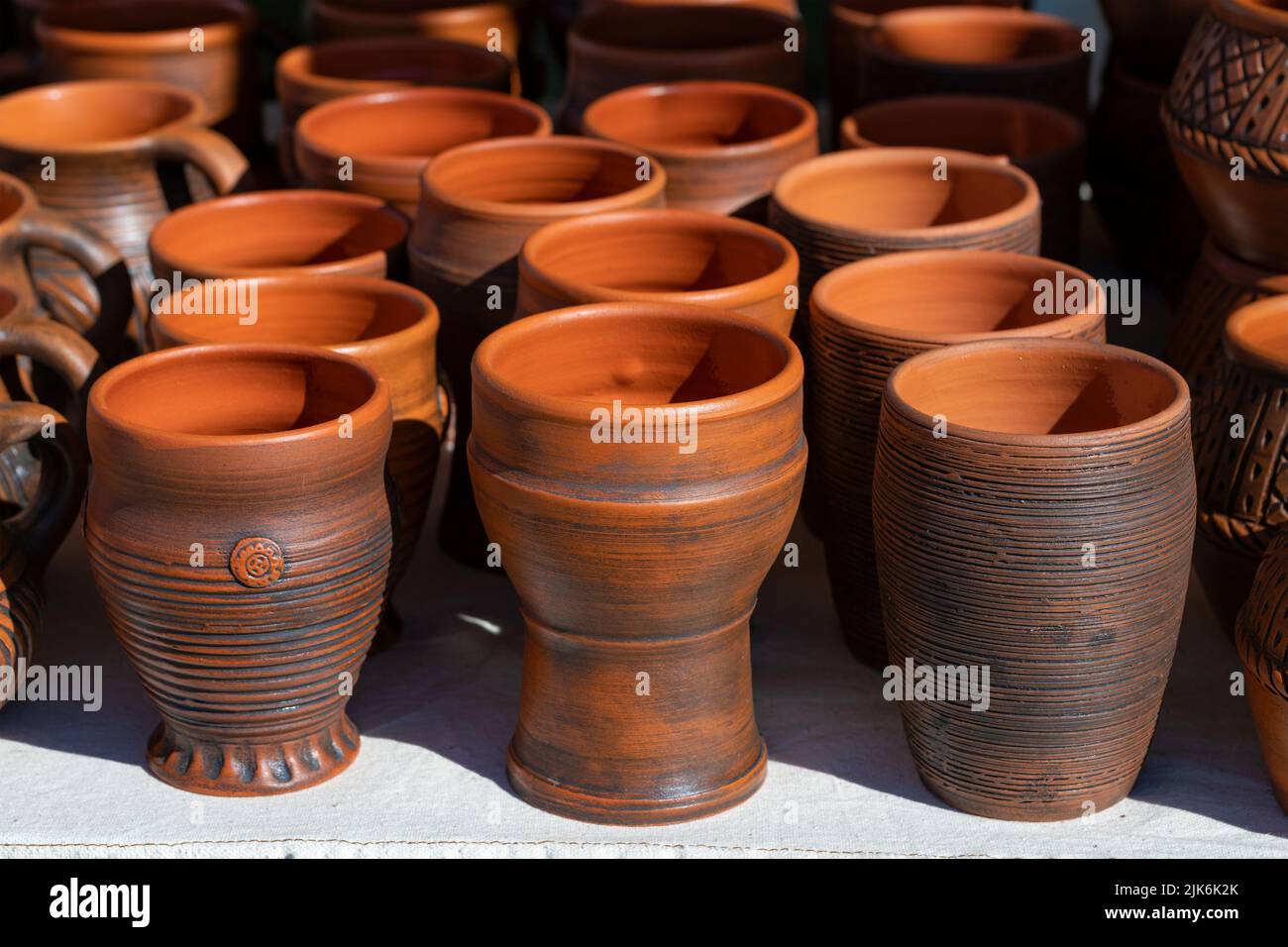 TVER REGION, RUSSIA - JULY 22, 2022: The ceramic ware stylized semi-antique by close up. Historical festival 'The Epic Coast — 2022' Stock Photo