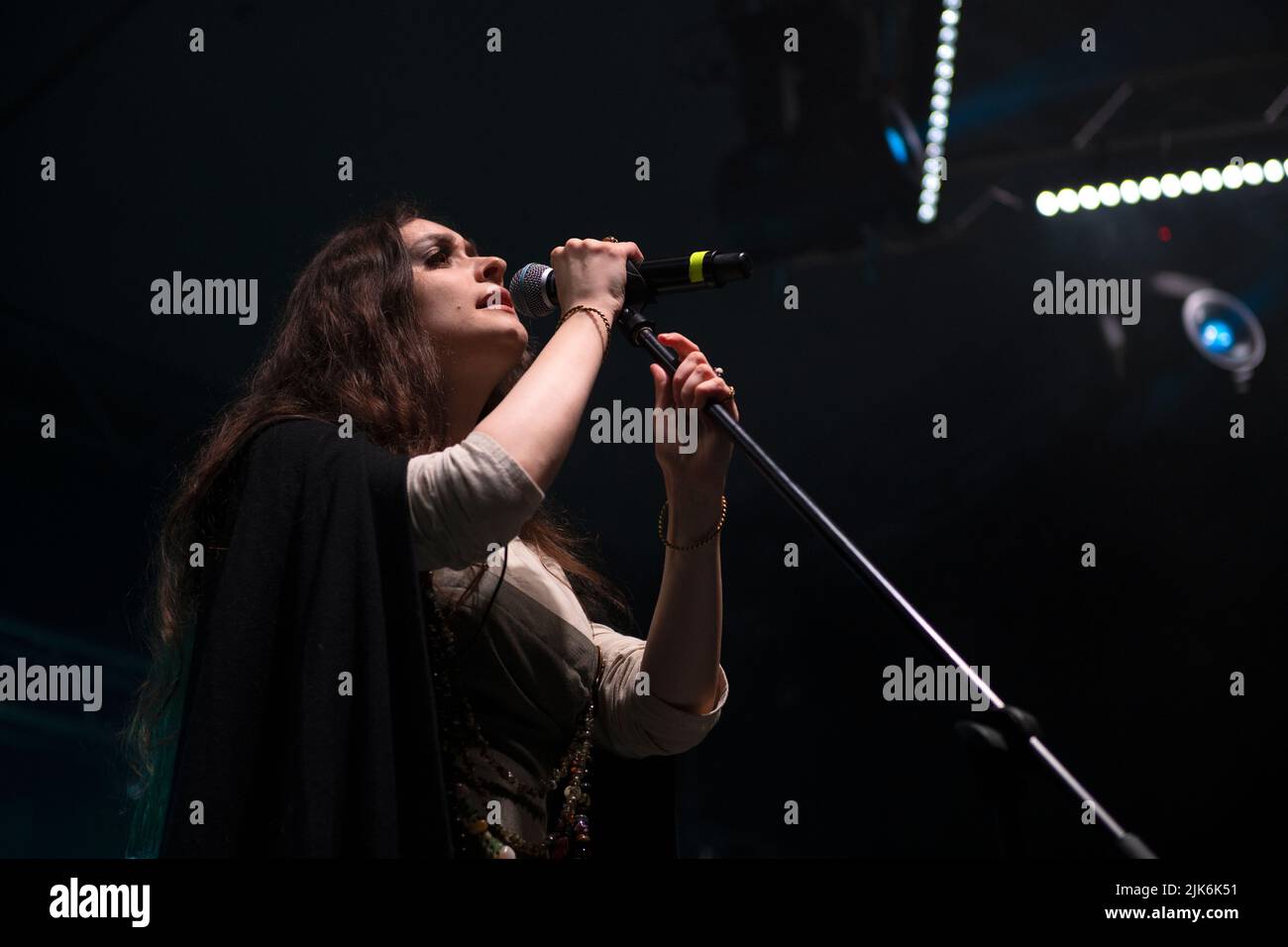 TVER REGION, RUSSIA - JULY 23, 2022: Soloist of the folk group 'Bjarla'. Fragment of the concert on the historical festival of 'Epic Coast - 2022' Stock Photo