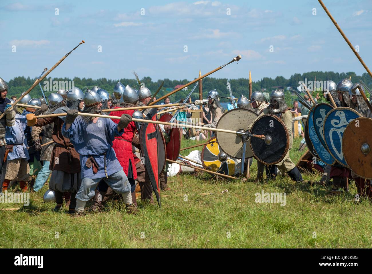 TVER REGION, RUSSIA - JULY 22, 2022: Reconstruction of the battle of the early medieval period. Historical festival 'Epic Coast-2022' Stock Photo