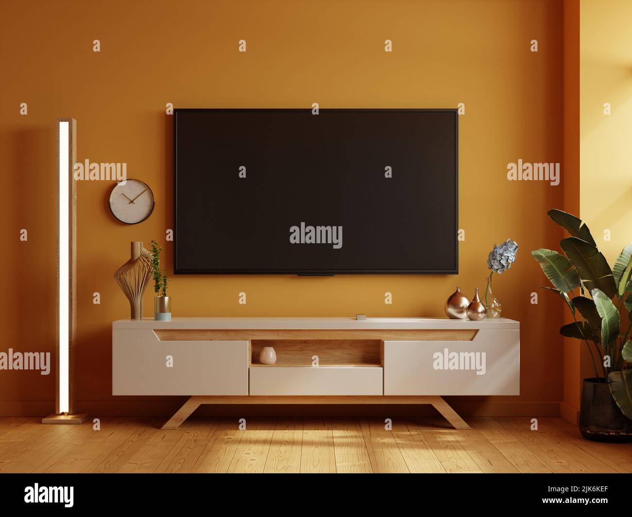 TV room in yellow wall background,Modern living room decor with a tv wooden   rendering Stock Photo - Alamy