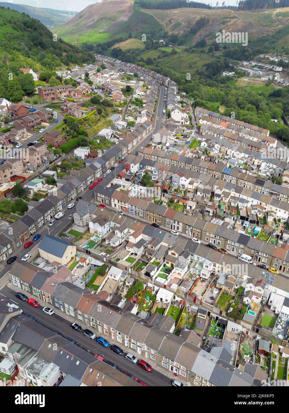 Ferndale, Rhondda Valley, Wales - July 2022: Aerial view of terraced houses in the village of Ferndale in the Rhondda Fach valley in south Wales Stock Photo
