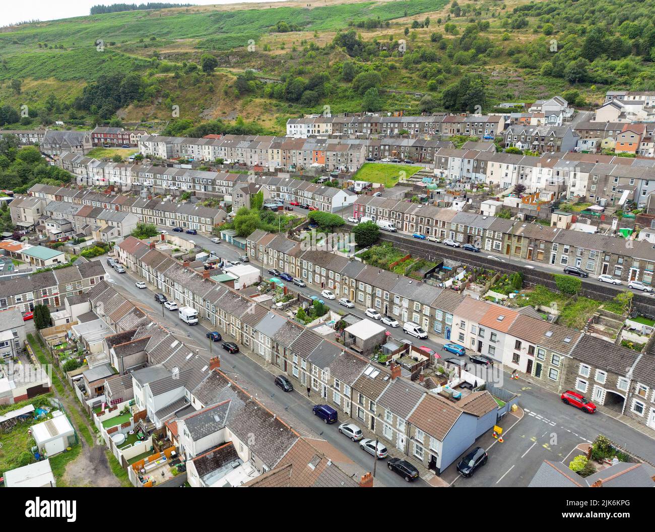 Ferndale, Rhondda Valley, Wales - July 2022: Aerial view of terraced houses in the village of Ferndale in the Rhondda Fach valley in south Wales Stock Photo