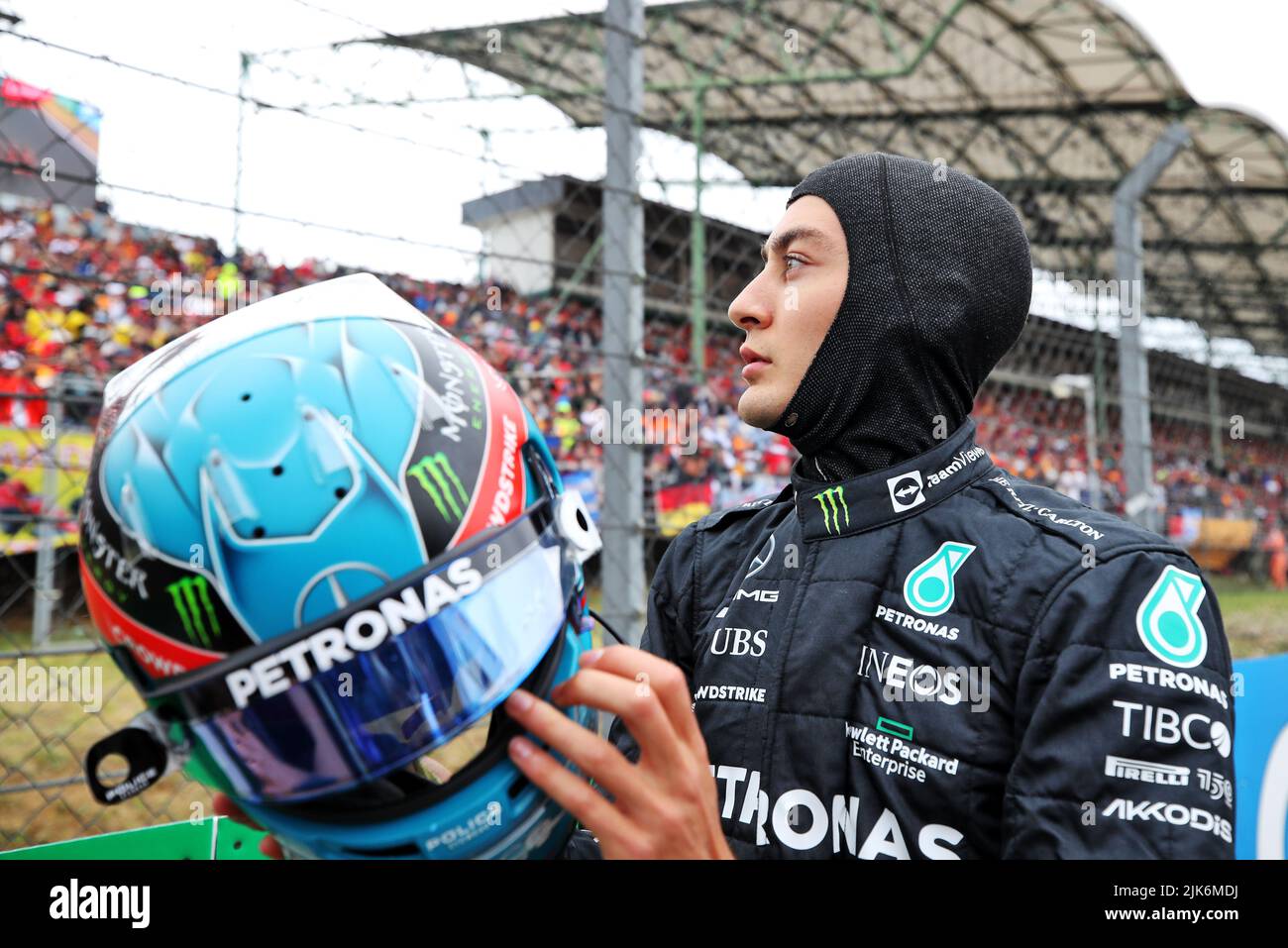 Budapest, Hungary. 31st July, 2022. George Russell (GBR) Mercedes AMG F1 on the grid. Hungarian Grand Prix, Sunday 31st July 2022. Budapest, Hungary. Credit: James Moy/Alamy Live News Stock Photo