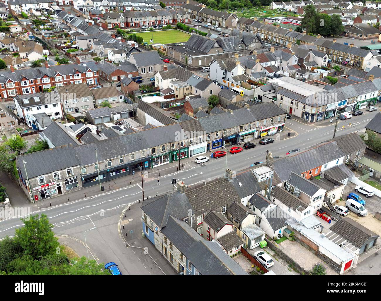 Pontyclun, Wales - July 2022: Aerial view of the main street of shops which runs through the centre of the village. Stock Photo