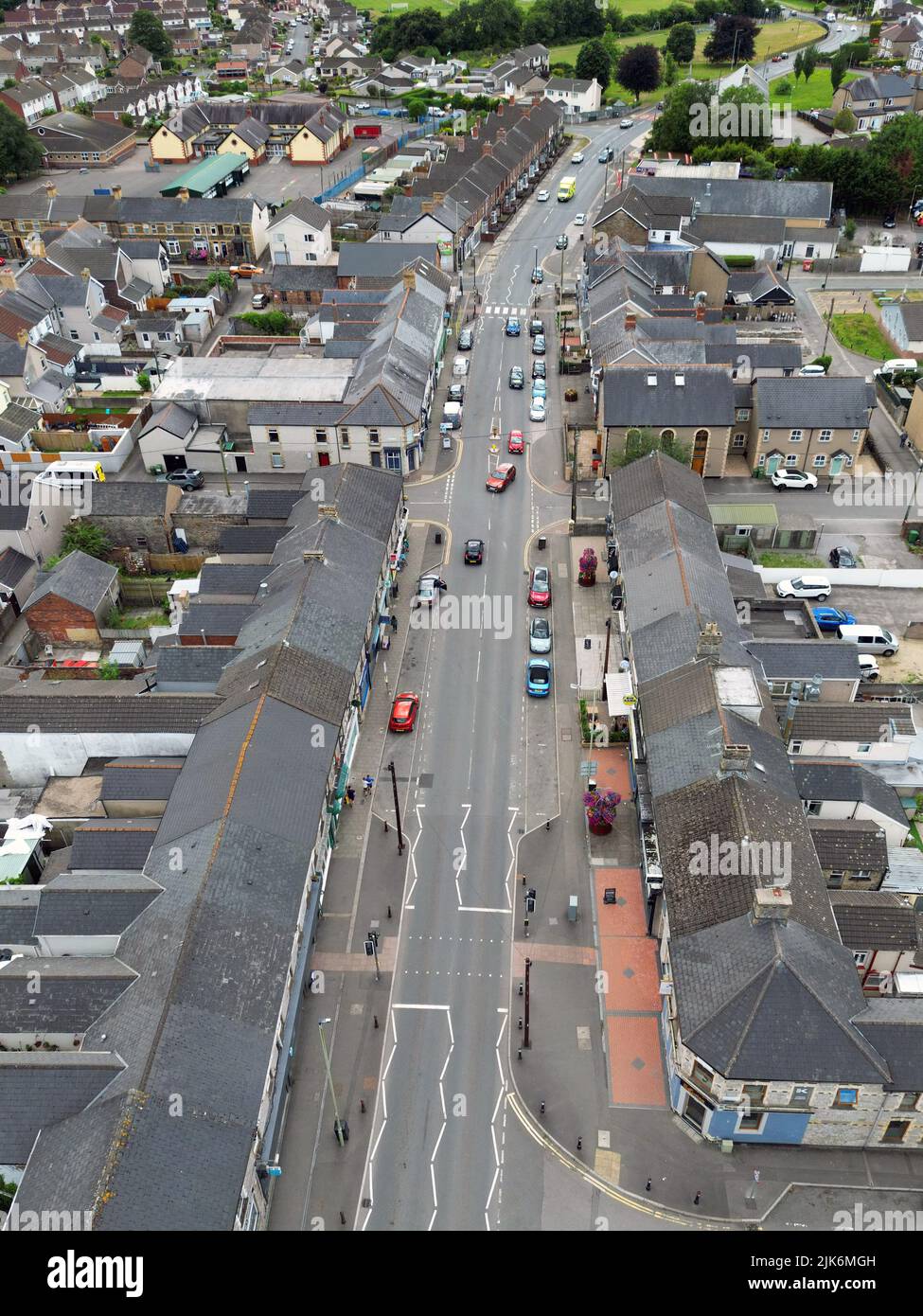 Pontyclun, Wales July 2022 Aerial view of the main street of shops which runs through the
