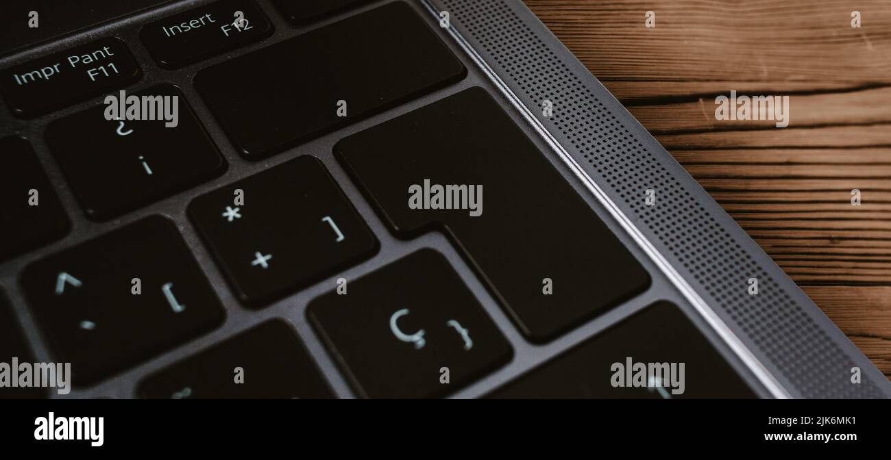 Banner of keyboard with blank button for mockup and selective focus. Internet of things. Data information. Technology template. Stock Photo