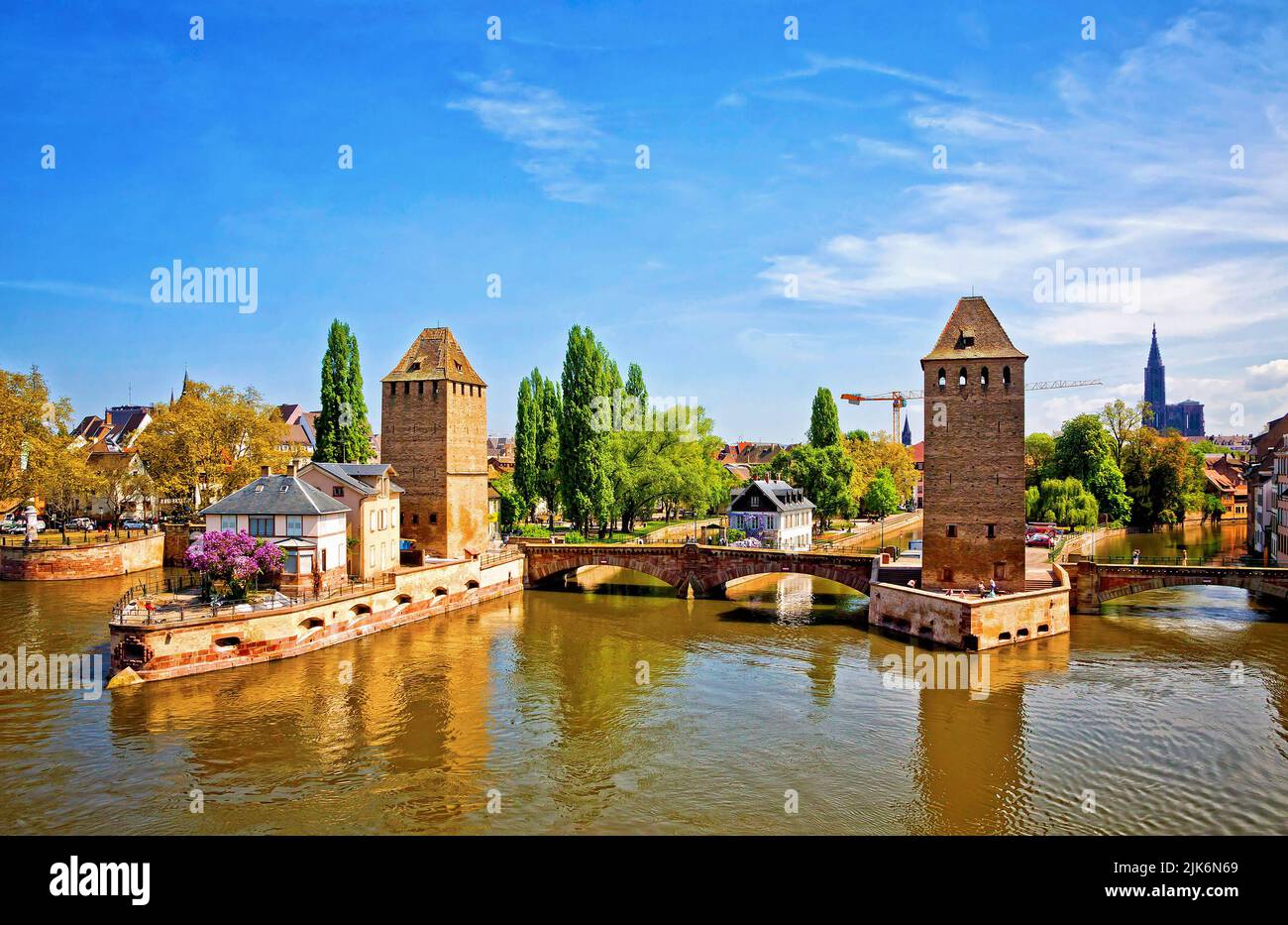 Three bridges and two towers of the medieval bridge Ponts Couverts in Strasbourg city, Alsace, France Stock Photo