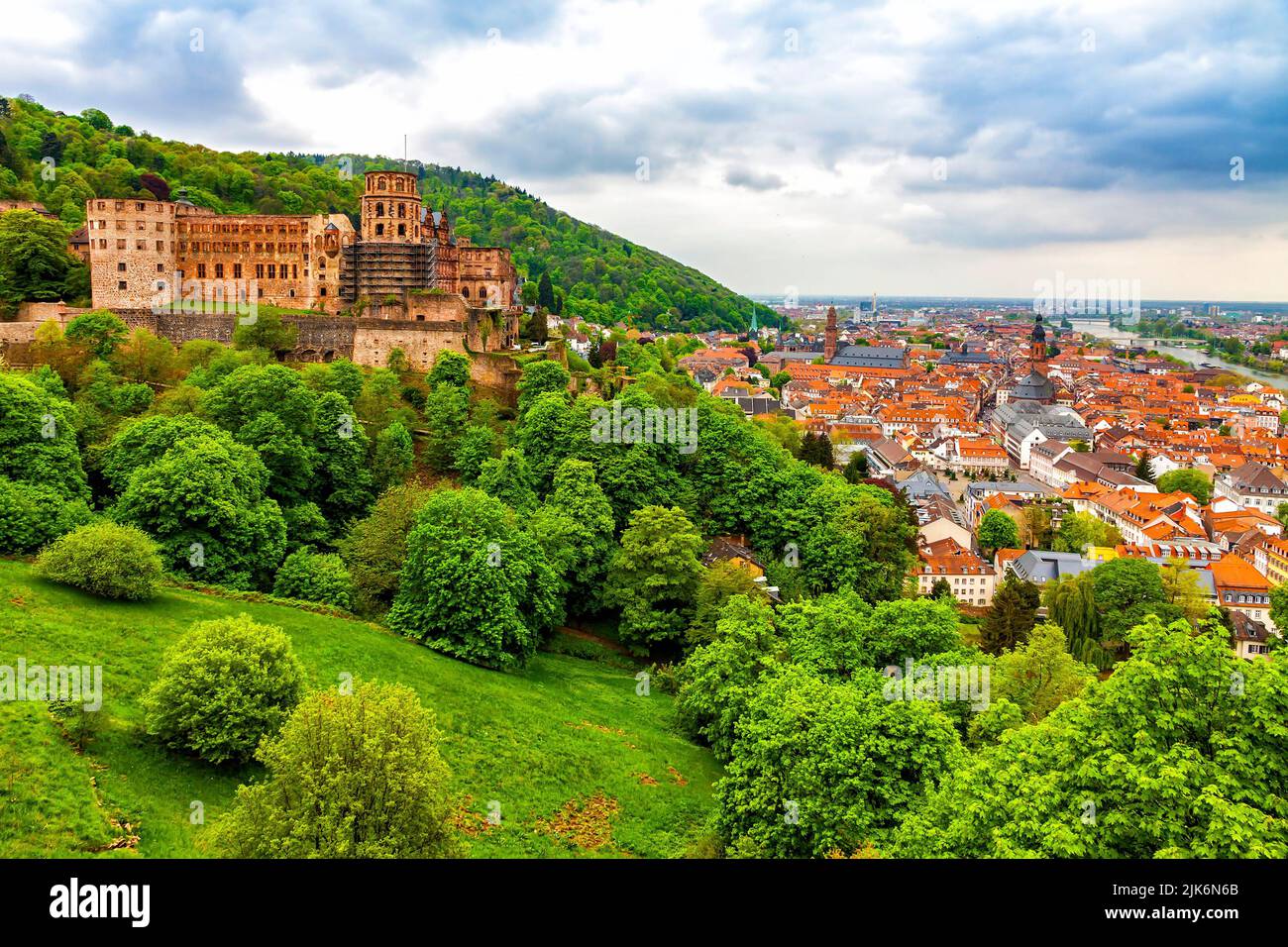 Springtime skyline aerial view of Heidelberg city, Baden-Wurttemberg state, Germany. Ruins of Heidelberg Castle (German: Heidelberger Schloss) Stock Photo