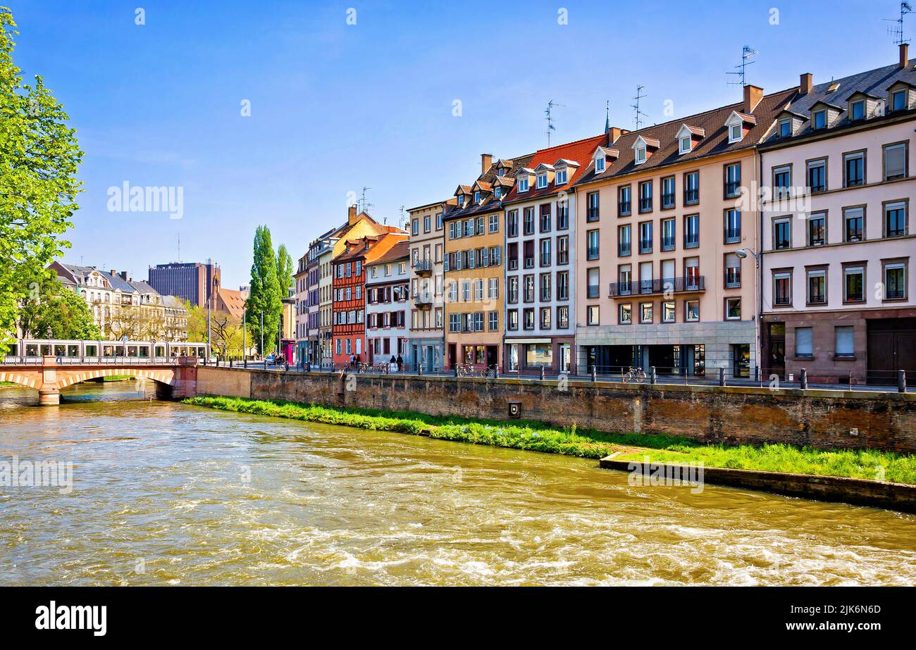 Beautiful view of Canal du Faux-Rempart (aka Fosse du Faux-Rempart) on Ill river in center of Strasbourg city, Alsace, France Stock Photo