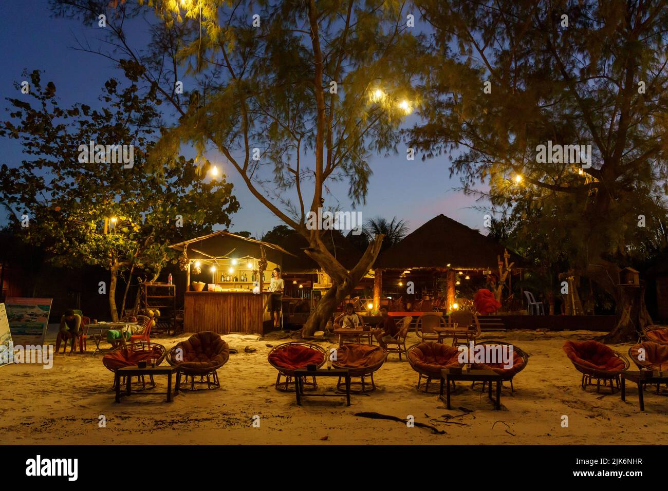 Cambodia. Koh Rong Samloem Island. Kompong Song Province, Sihanoukville. Guest House in Koh Rong Samloem Island at dusk Stock Photo
